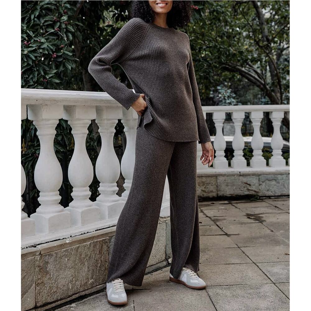 FULL SET NAP Loungewear Leisure Rib-Knit Set 100% Cashmere Charcoal Gray SZ S